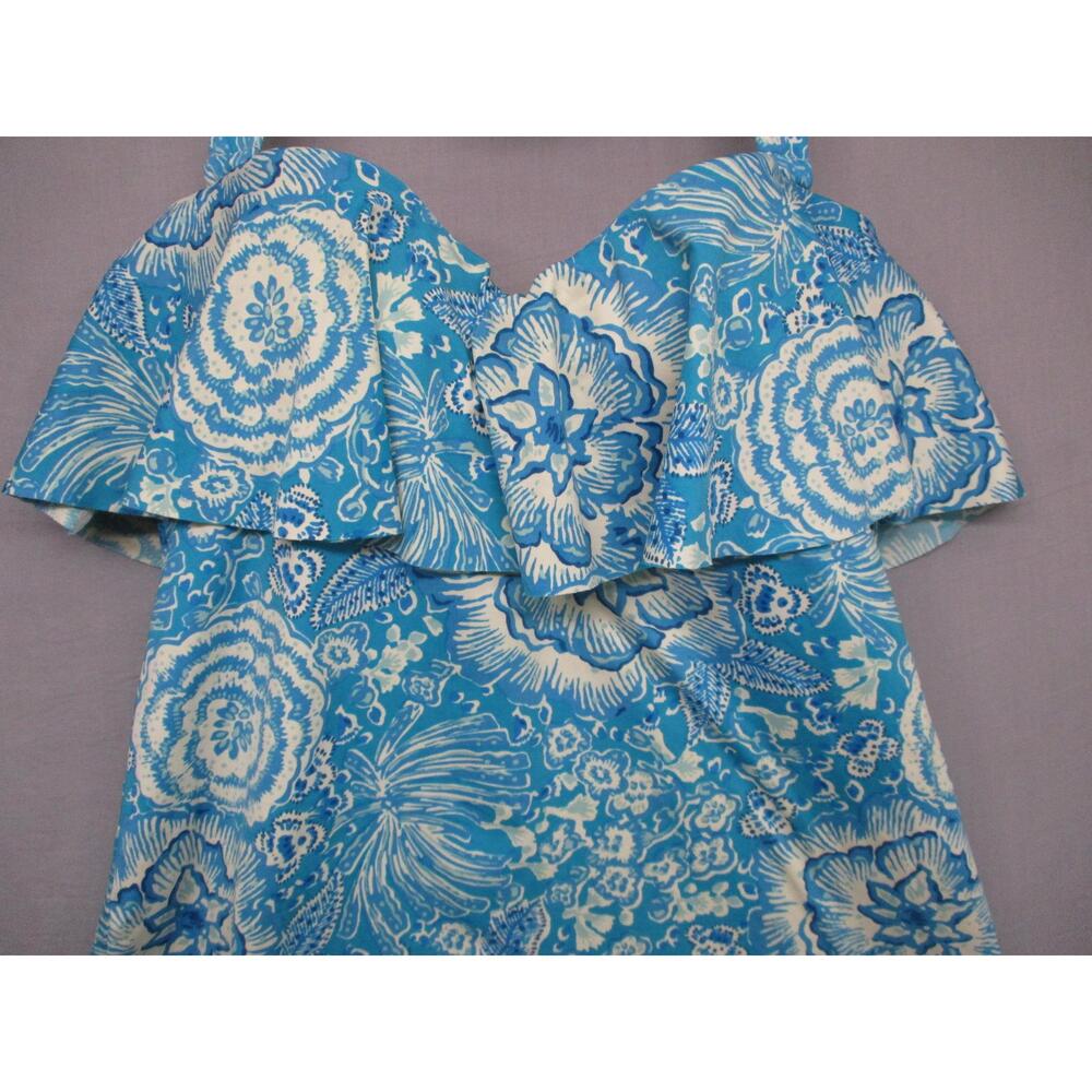 Lands End Blue Floral Boho Ruffle Swimwear Top Womens Size 4 - Picture 2 of 9